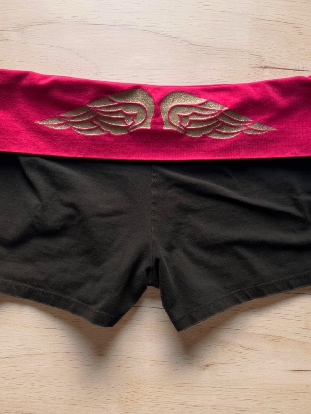 Victoria's Secret Black Micro Shorts with Hot Pink Waistband and Gold Wings